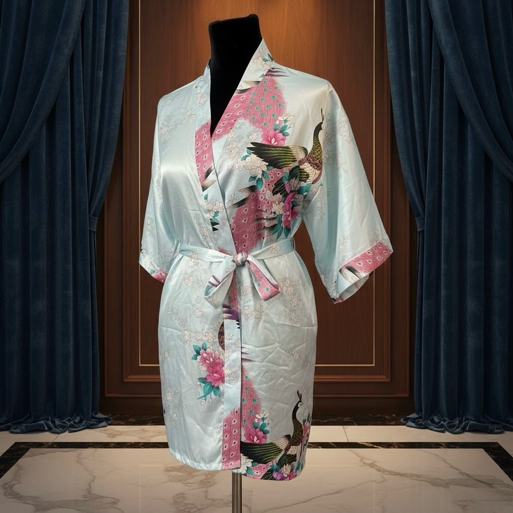 Oriental Satin Kimono Robe Blue Pink Peacock Floral Print Boho Coquette Asian